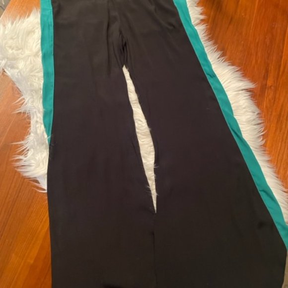 ANTHROPOLOGIE ett twa Women’s HIGH WAISTED FLARE TRACK PANTS BLACK GREEN SIZE 8 - Picture 8 of 9
